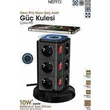 Neffo 12 Soketli Akım Korumalı Tower Priz | 1 USB + 2 Type-C ve Kablosuz Şarj Istasyonlu