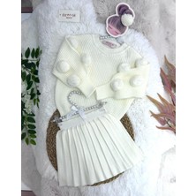 Özşe Moda Krem Ponpon Kol Kazak Triko Etek Takım