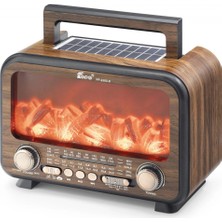 Pileli Store Bluetooth Solar Panelli Fm Radyo USB Tf Nostaljik Hoparlör Alev Efektli 25 x 14.5 x 18 cm - Kahverengi FP2393S