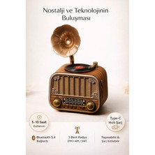 FaroxTech Nostaljik Gramofon Tasarımlı Bluetooth 5.4 Hoparlör - 3 Bant Radyo (Fm/am/sw), Şarjlı