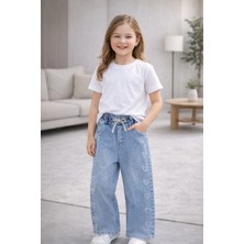 GMG Collection Baby Kız Çocuk Bol Paça Kalp Inci Işlemeli Jeans Kot Pantolon Saçaklı Paça Detaylı (12-15 Yaş Arası)