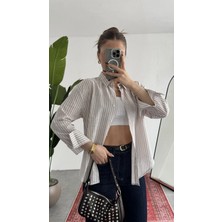 Asfa Moda Kadın Ince Somon Çizgili Oversize Bel Hızası Salaş Kesim Uzun Kollu Ofis Gömlek