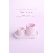 Korixa Korıxa Mini Garden Toz Pembe Saksı ve Mumluk Seti – Tepsili Dekoratif 3’lü Masa Üstü Set (Çizgili)