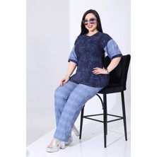 Kadın Büyük Beden Jean Görünümlü Likralı Pantolon ve Taşlı Batik Bluz Gömlek Yakalı Trend 2"li Takım