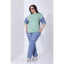 Kadın Büyük Beden Jean Görünümlü Likralı Pantolon ve Taşlı Batik Bluz Gömlek Yakalı Trend 2"li Takım