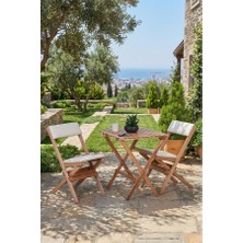 Reyo Ahşap Katlanır Döşeme Minderli 3'lü Bistro Set Bahçe Takımı Naturel Krem