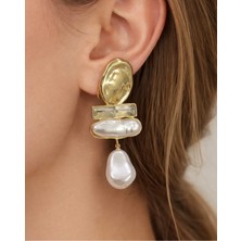 Kadın Altın Kaplama Inci ve Baget Taş Detaylı Sallantılı Tasarım Küpe