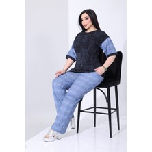 Kadın Büyük Beden Jean Görünümlü Likralı Pantolon ve Taşlı Batik Bluz Gömlek Yakalı Trend 2"li Takım