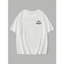 Amorluxe Baskılı Oversize Bisiklet Yaka T-Shirt - Beyaz