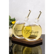 Dolkin Home 2li 500 ml Yağdanlık Ahşap Stantlı Gold Kapak Yuvarlak Cam Yağlık Zeytinyağı Ayçiçek Yağı Sosluk