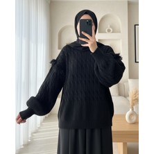 Moda Morfo Balon Kol Püsküllü Triko Kazak -Siyah
