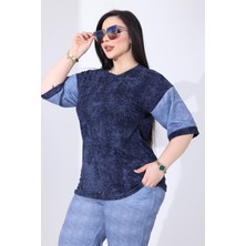 Kadın Büyük Beden Jean Görünümlü Likralı Pantolon ve Taşlı Batik Bluz Gömlek Yakalı Trend 2"li Takım