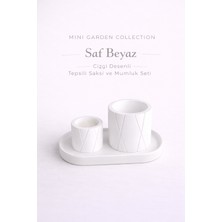 Korixa Korıxa Mini Garden Beyaz Saksı ve Mumluk Seti – Tepsili Dekoratif 3’lü Masa Üstü Set (Çizgi Desenli)