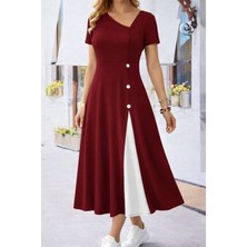 Bi Baksana Kadın Kısa Kollu Asimetrik Yakalı Düğme Detaylı Midi Viskon Elbise