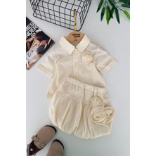 Miniğimin Cicileri Gül Detaylı Kız Çocuk Balon Etekli 2 Li Takım - Krem