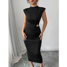 Serac Collection Kadın Yarı Balıkçı Yaka Kısa Kollu Çicek Aksesuar Detaylı Midi Dalgıç Elbise