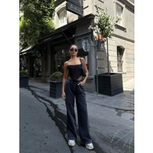 Amorluxe  Arkadan Yırtmaçlı Jeans Kot Palazzo Pantolon - Siyah