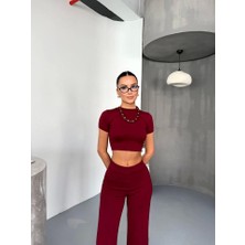Amorluxe Osy Modal Yumuşak Dokulu Kumaş Kısa Kollu Crop Alt Ispanyol Paça Pantalon Ikili Takım - Bordo