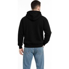 Amorluxe Erkek Kapüşonlu Sweatshirt  Hoodie 3 Iplik Şardonlu Pamuklu Kumaş, Önü Baskılı, Fermuarlı Rahat Kalıp, Kışlık ve Sokak Stili Sweat - Siyah