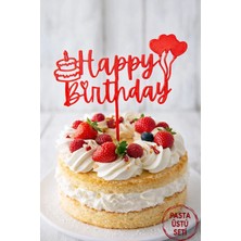Liya3D Kırmızı Happy Birthday Pasta Üstü – Şık Doğum Günü Pasta Süsü