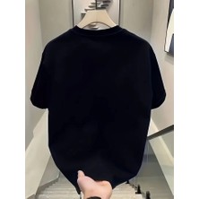 Amorluxe Baskılı Oversize Bisiklet Yaka T-Shirt - Siyah