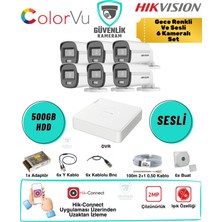 Hikvision 6 Kameralı Gece Renkli Güvenlik Seti 2mp Sesli Colorvu 500GB HDD 8 Kanal Dvr