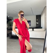 Amorluxe Kadınn V Yaka Düğme Detay Kuşak Dahil Elbise