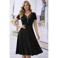 Bi Baksana Kadın Kısa Kollu Dantel V Fermuar Yakalıuzun Viskon Elbise