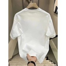 Amorluxe Baskılı Oversize Bisiklet Yaka T-Shirt - Beyaz