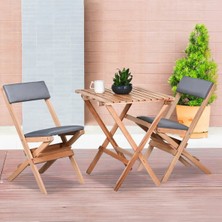 Reyo Ahşap Katlanır Döşeme Minderli 3'lü Bistro Set Bahçe Takımı Naturel Gri