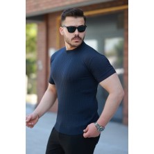 Amorluxe Erkek Bisiklet Yaka Örgü Desenli Kısa Örme Triko Kısa Kollu T-Shirt