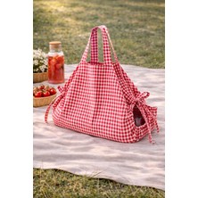 Yuvol Ayarlanabilir Bağcıklı Piknik Borcam Taşıma Çantası, Çift Katlı Kırmızı Pötikareli 50X80CM