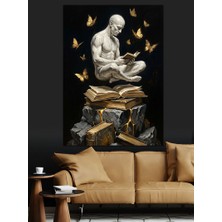 Artmeg Kitaplar Üzerinde Düşünen Beyaz Heykel Dekoratif Kanvas - Mdf Ahşap Tablo
