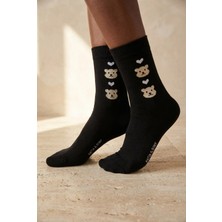 Bony Socks Kadın Ayıcık Desenli Siyah Soket Çorap