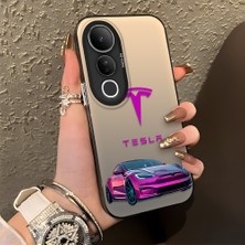 HONTINGA Vivo V50 Lite ile Uyumlu Kılıfı Silikon Kenar Sert Arka Düşüme Önleyici Basitlik Anti Düşme Kamera Korumali Tesla Desen Telefon Kılıfı Kadın ve Erkek Için Uygundur K1-1107