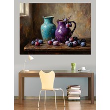 Artmeg Mavi Vazoda Mürdüm Eriği Natürmort Dekoratif Kanvas - Mdf Ahşap Tablo