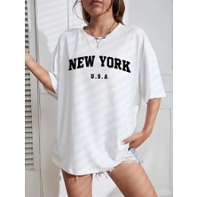 Amorluxe New York Baskılı Oversize Bisiklet Yaka T-Shirt - Beyaz