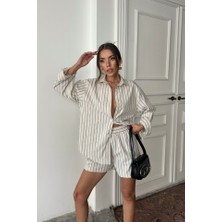 Amorluxe Poplin Çizgili Gömlek - Şort Takım - Bej