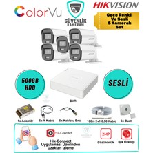 Hikvision 5 Kameralı Gece Renkli Güvenlik Seti 2mp Sesli Colorvu 500GB HDD 8 Kanal Dvr