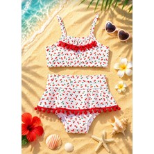Kız Çocuk Kiraz Desenli Bikini Takımı – Fırfırlı Etekli Mayo Alt Üst Set