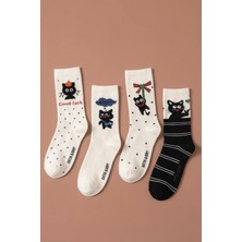 Bony Socks 4'lü Paket Kedi Desenli Kız Çocuk Soket Çorap