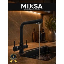 Mixsa Lüx Arıtmalı Siyah 3 Yollu Mutfak Eviye Bataryası Musluğu (Sıcak-Soğuk Girişli, Pirinç Malzeme)