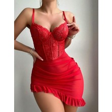 Mht Gaia Kadın Dantelli Büstiyer Korse Formlu Mini Elbise ve Gecelik Takımı