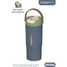 Vagonlife Tumbler Mug 660 ml Tek Kapak Çift Kullanım Pipetli Rahat Içim Kulplu Paslanmaz Çelik Termos 1102-660ML