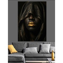 Artmeg Siyah Peçeli Altın Dudaklı Kadın Dekoratif Kanvas - Mdf Ahşap Tablo