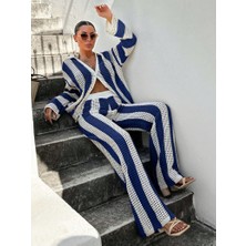 Sçlk Tekstil Kadın Lacivert Pamuklu Oversıze Örgü Ajurlu Çizgili Triko Takım Plaj Takımı