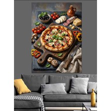 Artmeg Ahşap Üzerinde Taze Sebzeli Pizza Dekoratif Kanvas - Mdf Ahşap Tablo