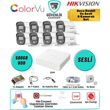 Hikvision 8 Kameralı Gece Renkli Güvenlik Seti 2mp Sesli Colorvu 500GB HDD 8 Kanal Dvr