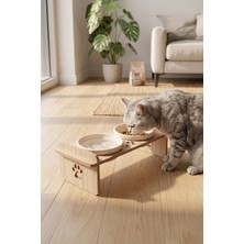 GOBYPET Ahşap Standlı Seramik Kaseli Kedi-Köpek Mama ve Su Kabı