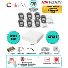 Hikvision 7 Kameralı Gece Renkli Güvenlik Seti 2mp Sesli Colorvu 500GB HDD 8 Kanal Dvr
